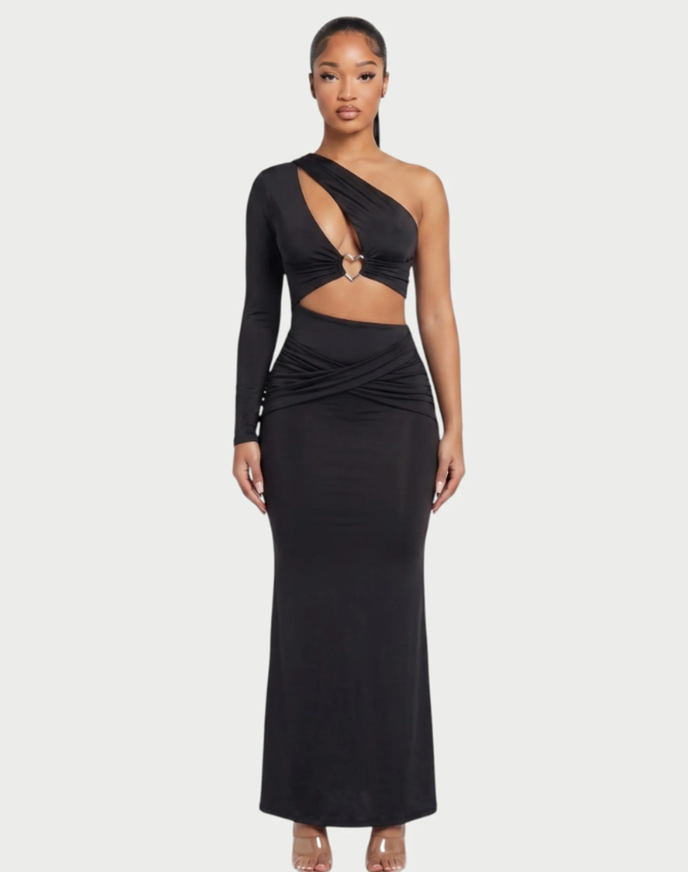 NEW! Oh Polly Black one shoulder maxi cutout dress heart detail US 6